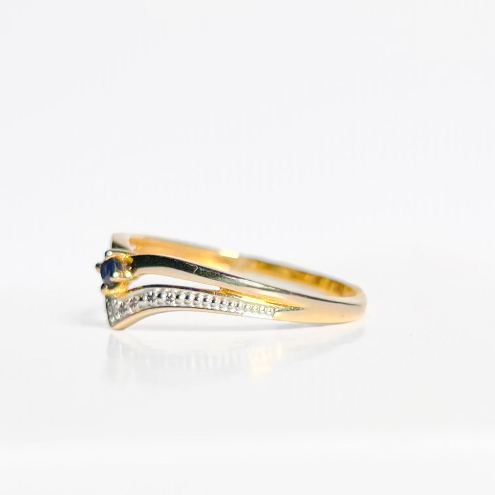 Vintage 9ct Yellow Gold Sapphire Wishbone Stacking Ring - Size P