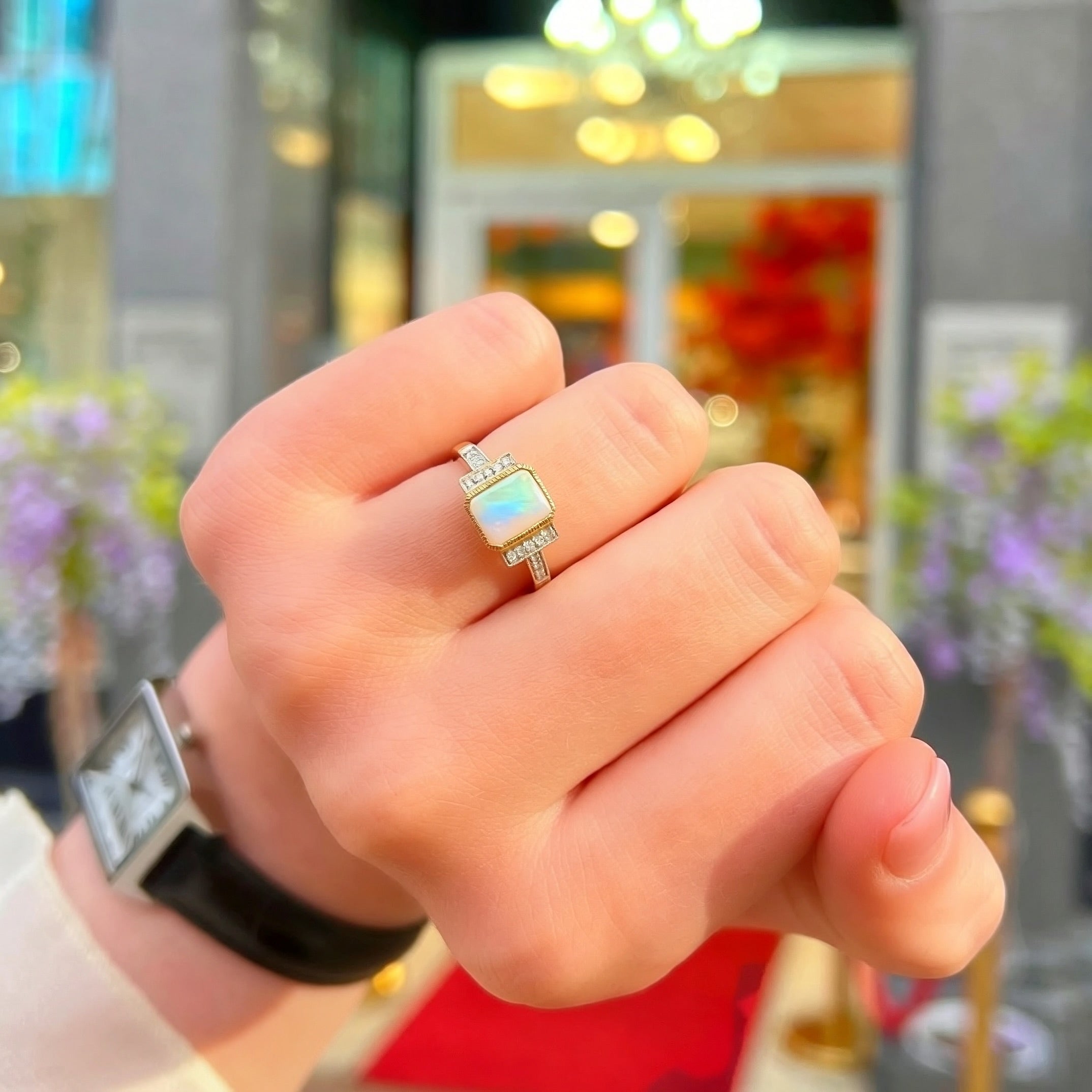'The Opalina' Rectangular Opal and Diamond 9ct Yellow Gold Ring | Size K