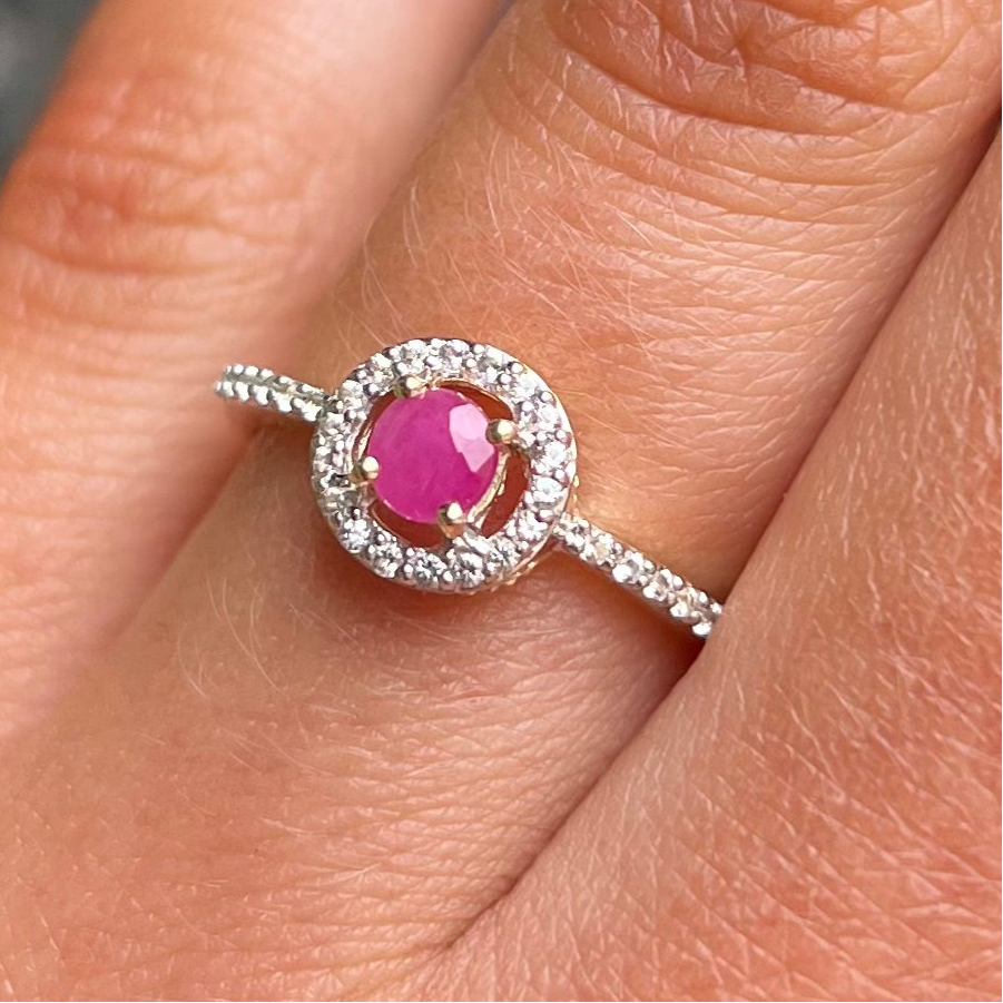 Pink Ruby and Diamond Dainty 9ct Yellow Gold Target Ring | Size N
