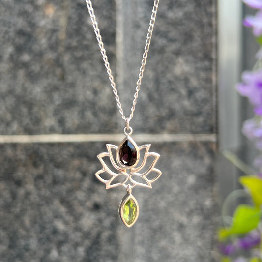 Sterling Silver Topaz and Peridot Lotus Necklace