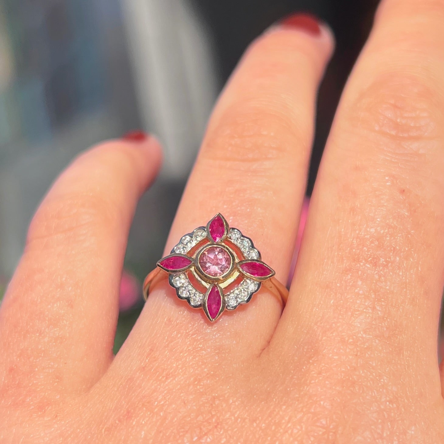 Edwardian Reproduction Pink Tourmaline, Ruby and Diamond 9ct Yellow Gold Ring | Size O