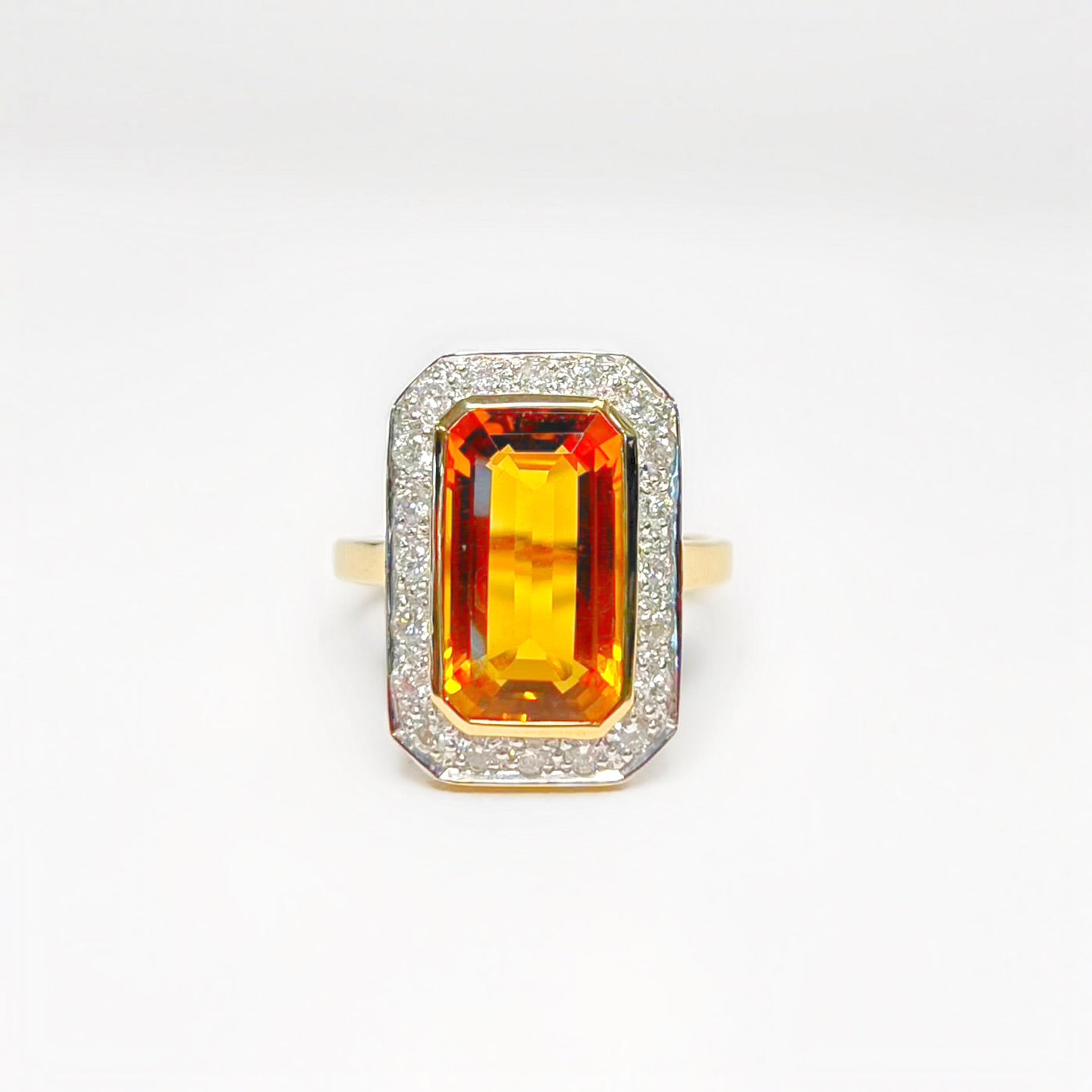 Art Deco Inspired Madeira Citrine and Diamond 9ct Yellow Gold Halo Cocktail Ring | Size N ½
