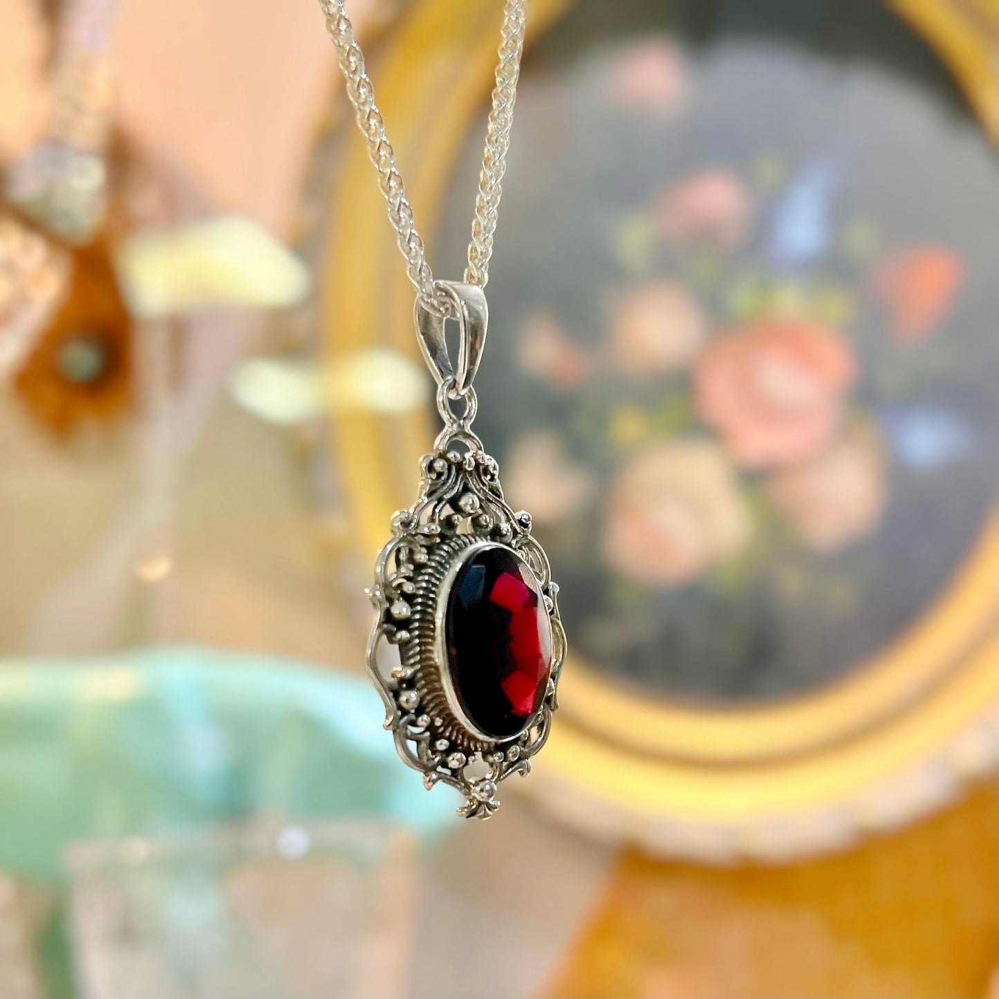 Sterling Silver Garnet Filigree Pendant