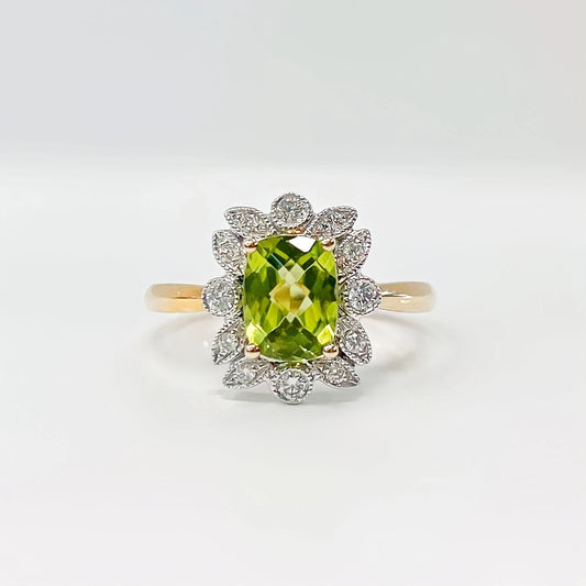 Nature Inspired 9ct Yellow Gold Peridot and Diamond Ring - Size N