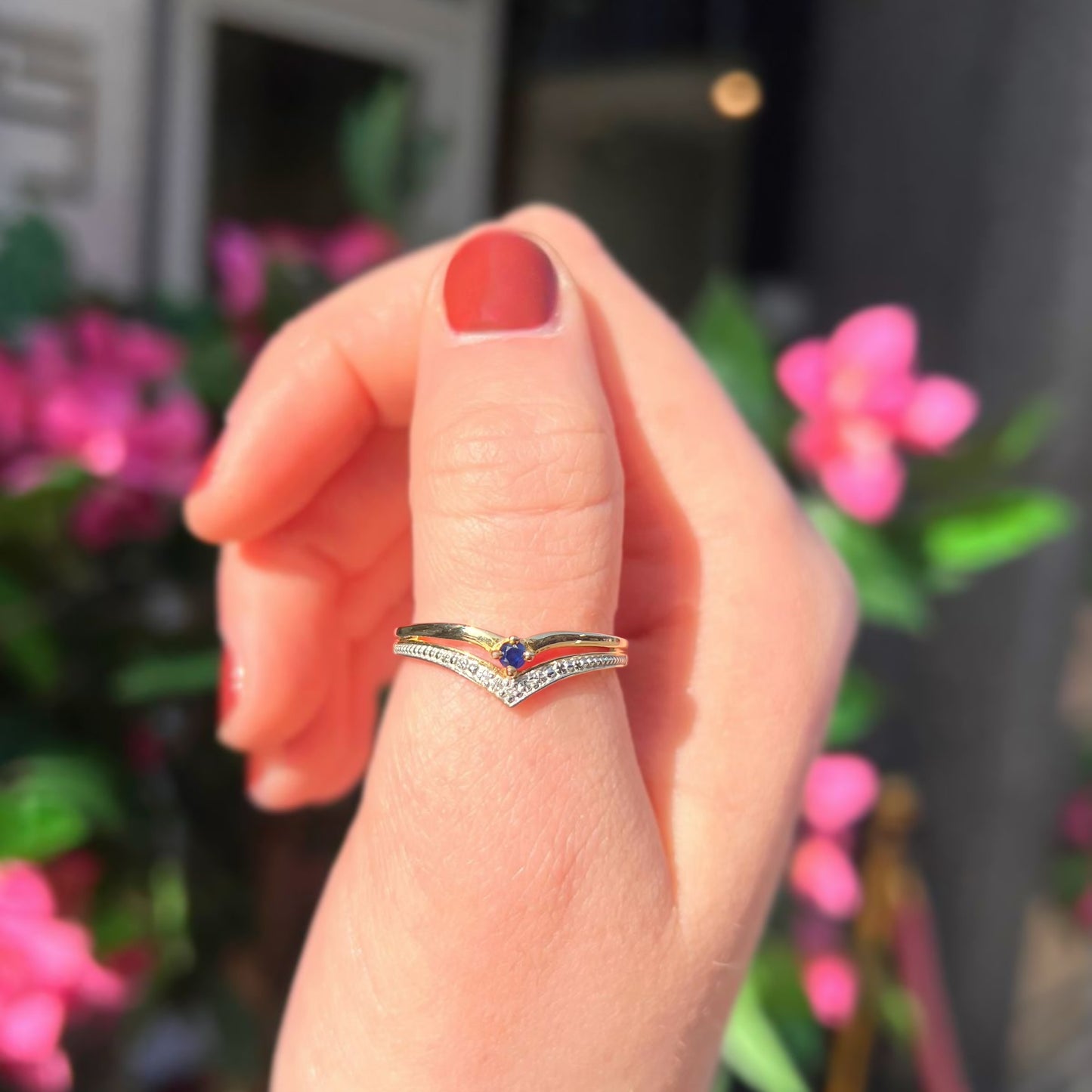 Vintage 9ct Yellow Gold Sapphire Wishbone Stacking Ring - Size P