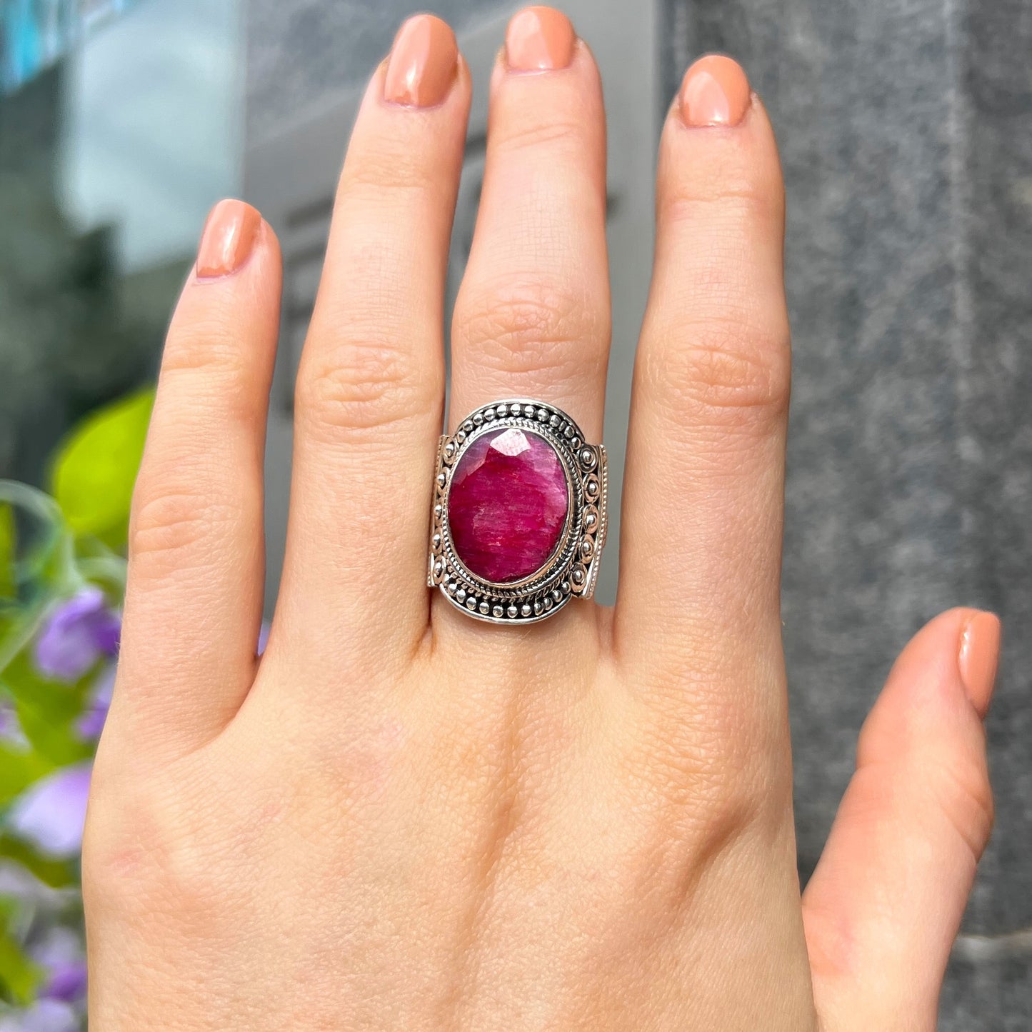 Bohemian Detailed Chunky Sterling Silver Ruby Ring - Size L