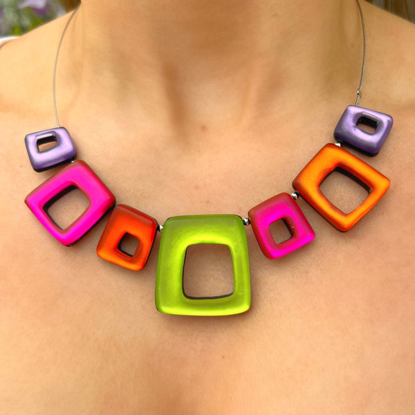 ‘Watch This Space’ Sherbet Pink, Purple, Green & Orange Square Necklace