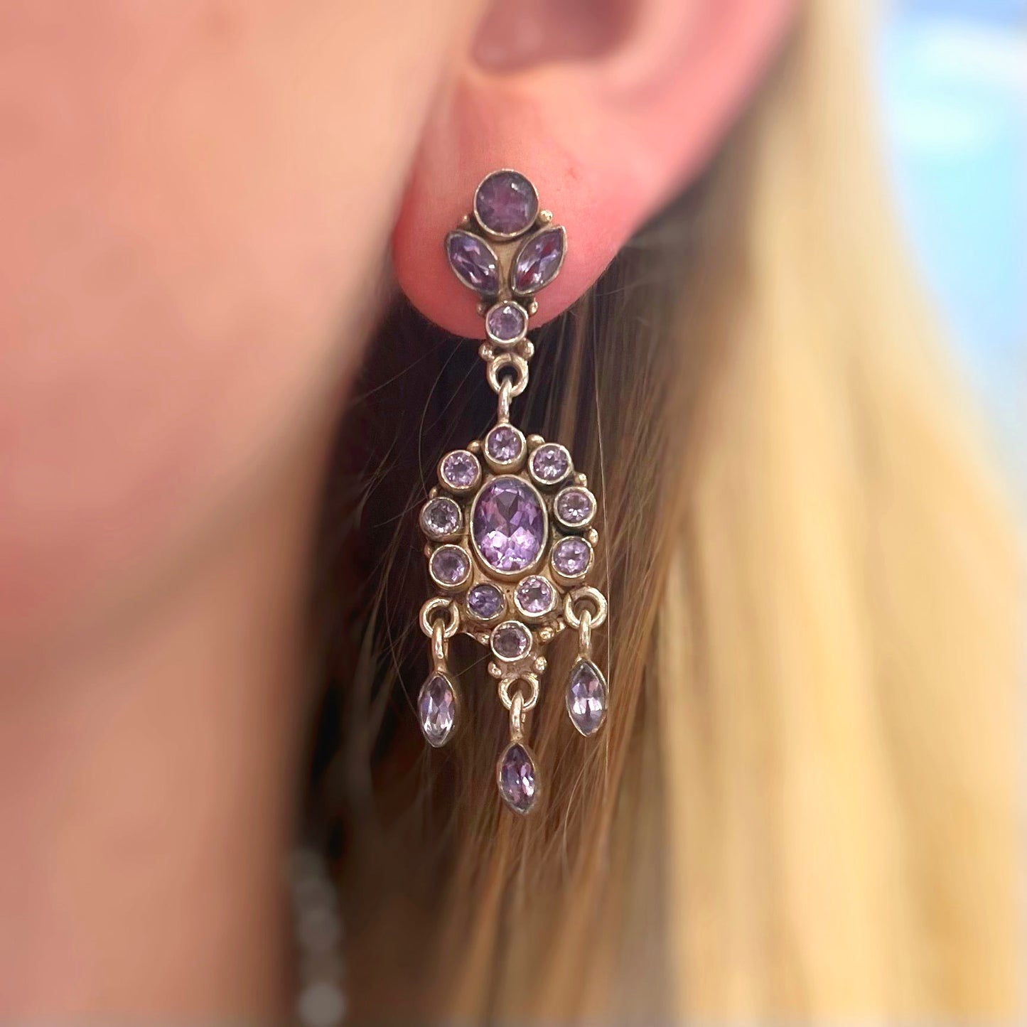 Edwardian Inspired Sterling Silver Purple Amethyst Drop Earrings