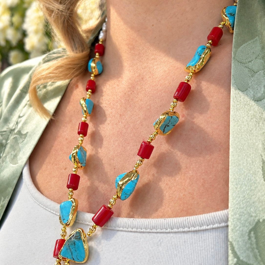 Red Coral & Turquoise 18ct Yellow Gold Plated Beaded Leaf Chunky Necklace