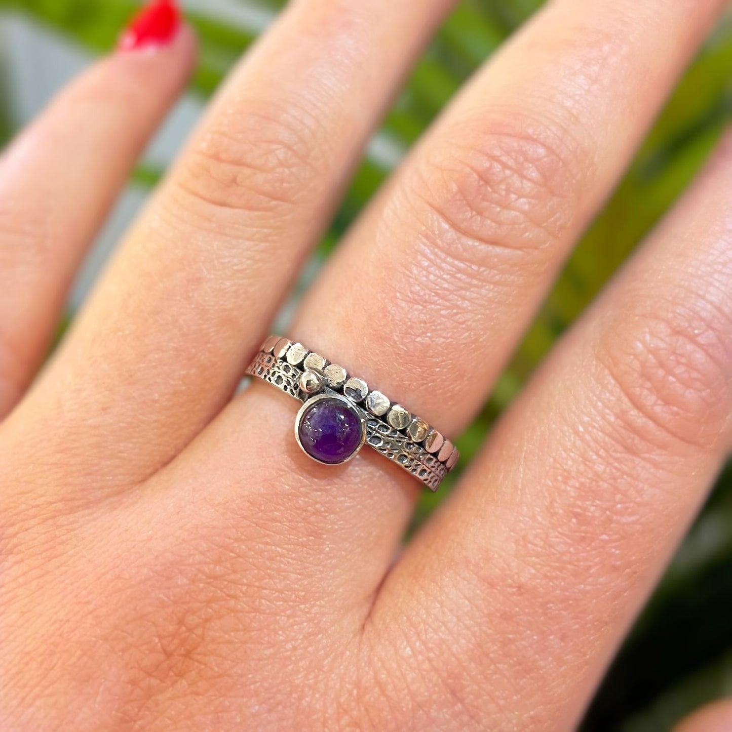 Boho-Inspired Patterned Sterling Silver Amethyst Stacking Ring - Size Q