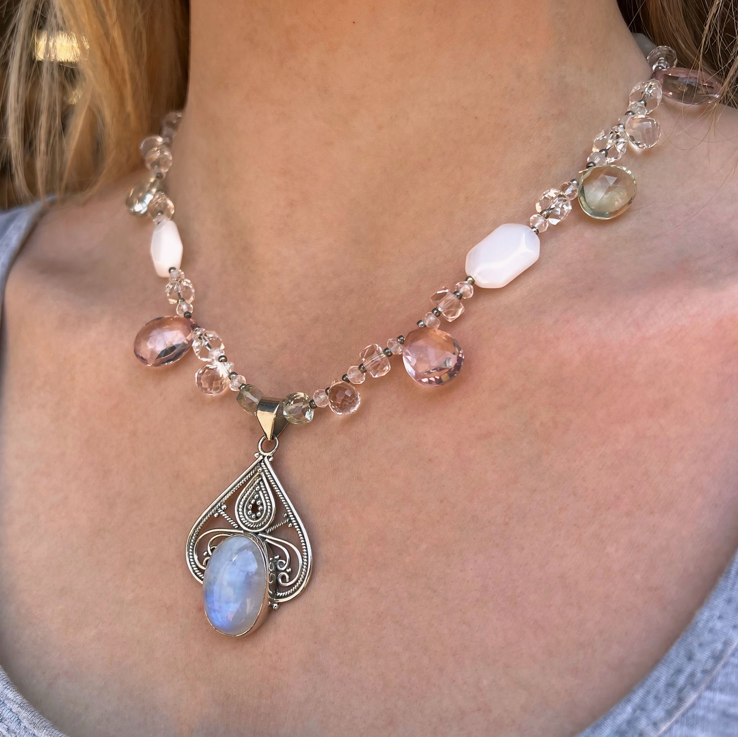 One-of-a-kind Sterling Silver Rainbow Moonstone and Pastel Chunky Gemstone Necklace