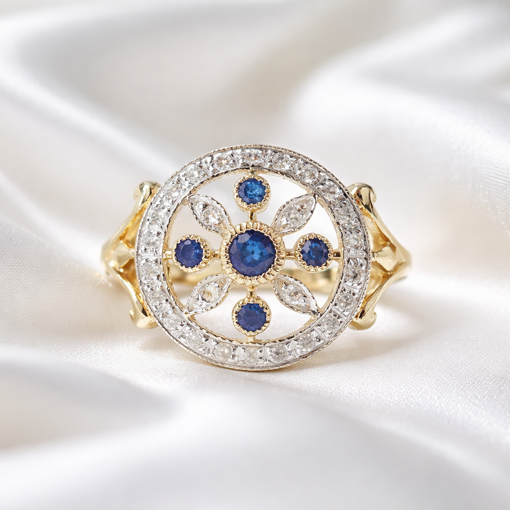 Victorian Inspired Sapphire and Diamond 9ct Yellow Gold Ring | Size L ½