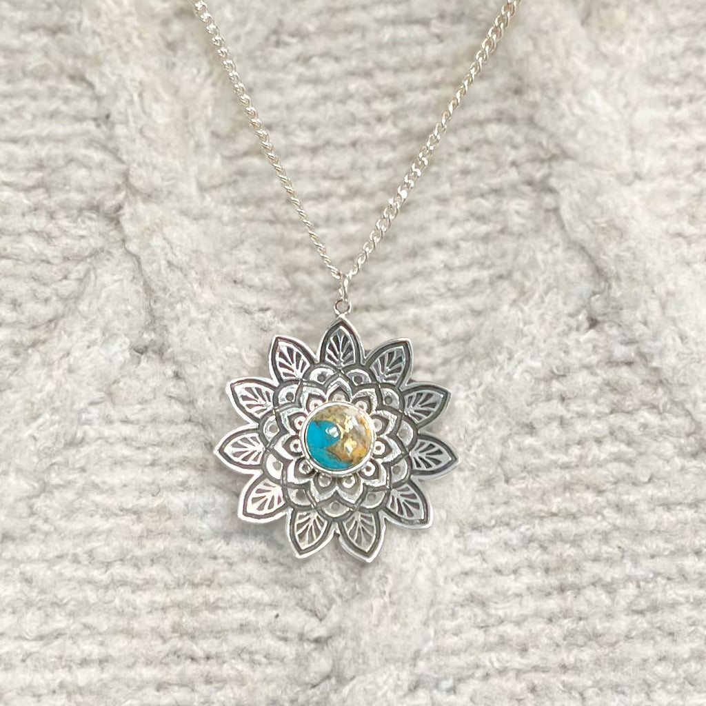 Turquoise Sterling Silver Bohemian-Inspired Mandala Necklace