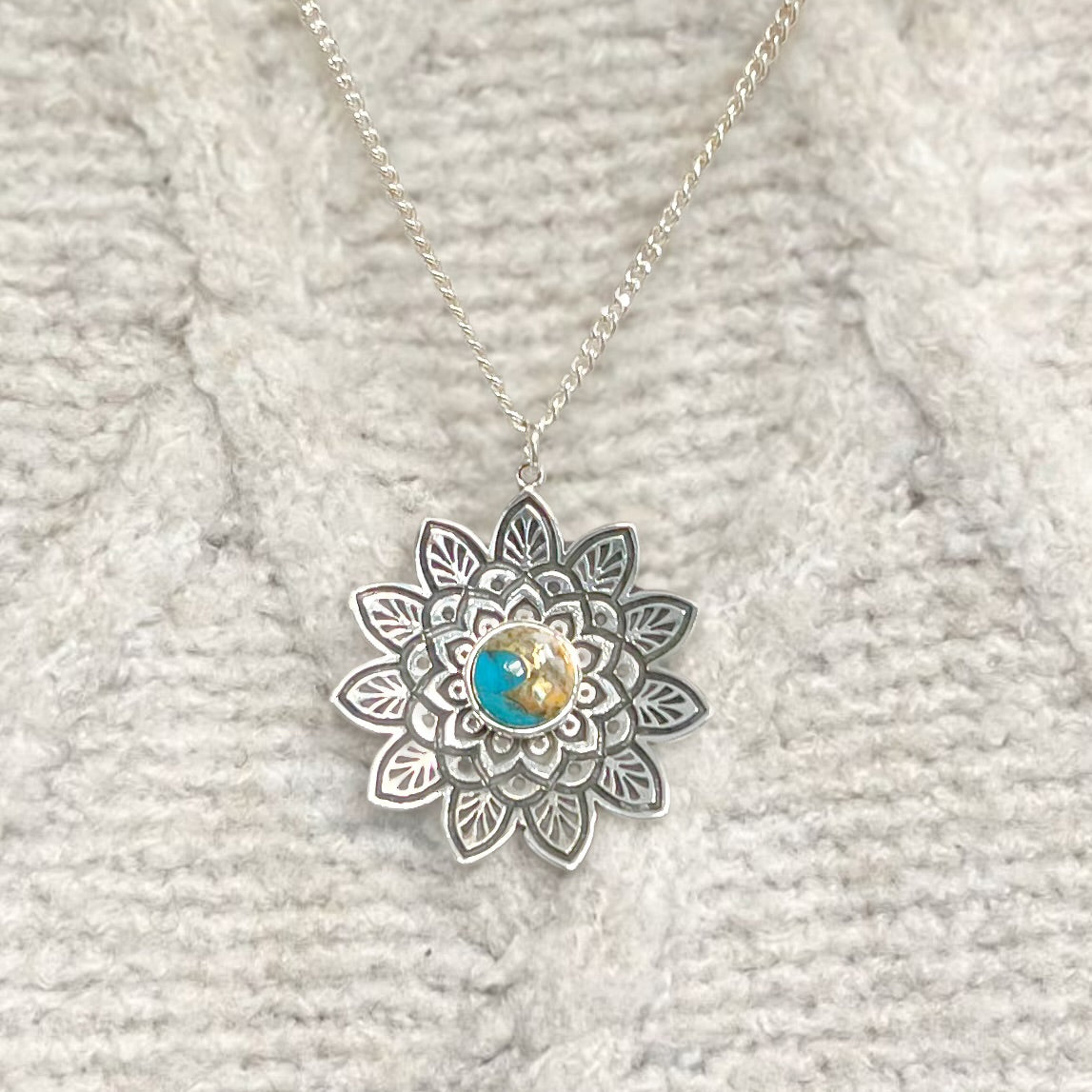 Turquoise Sterling Silver Bohemian-Inspired Mandala Necklace