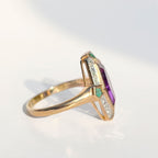 Art Deco Reproduction Amethyst Emerald and Diamond 9ct Yellow Gold Ring | Size N
