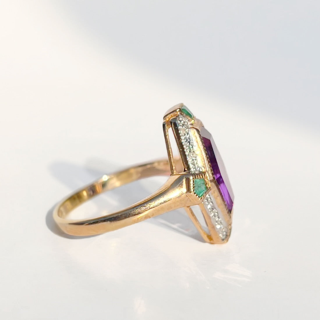 Art Deco Reproduction Amethyst Emerald and Diamond 9ct Yellow Gold Ring | Size N