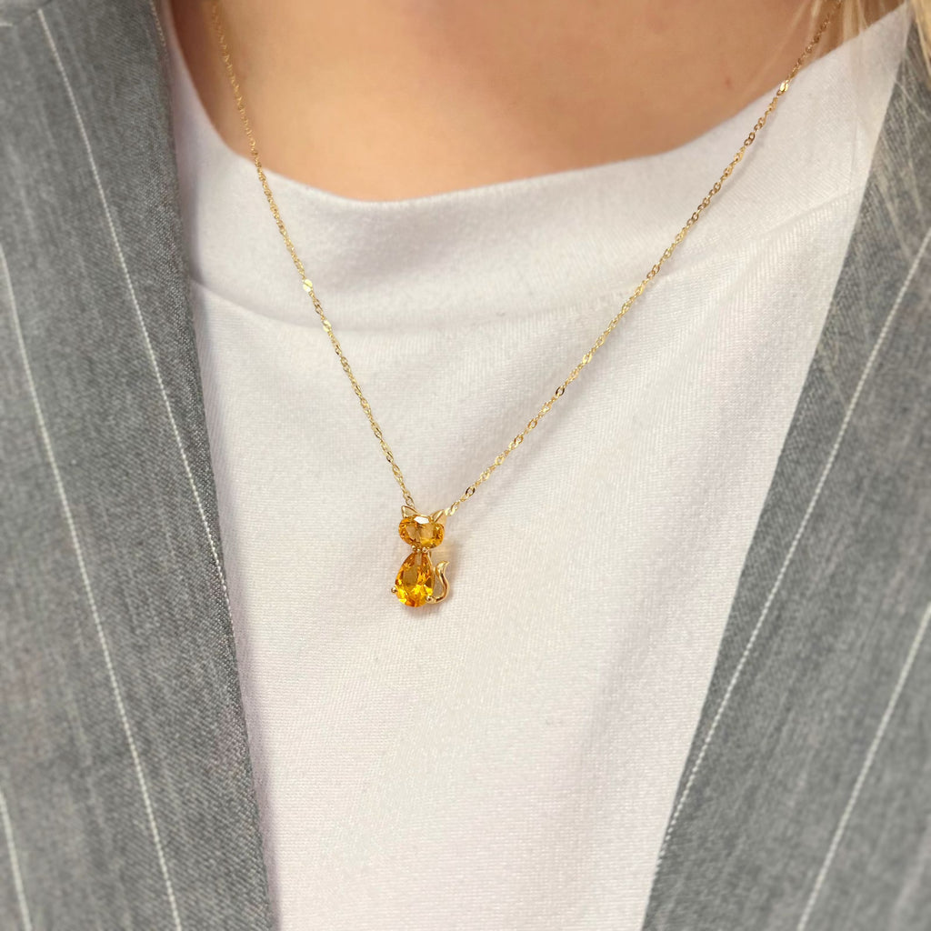 Citrine 9ct Yellow Gold Ginger Cat Dainty Necklace