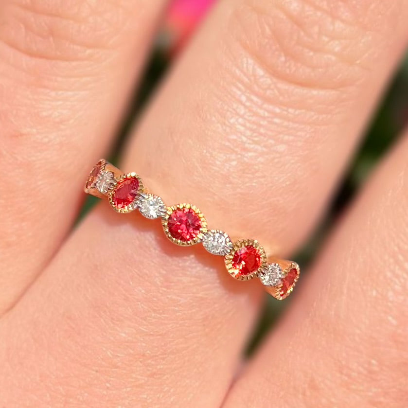 Rare Orange Sapphire and Diamond 9ct Yellow Gold Half Eternity Ring | Size O