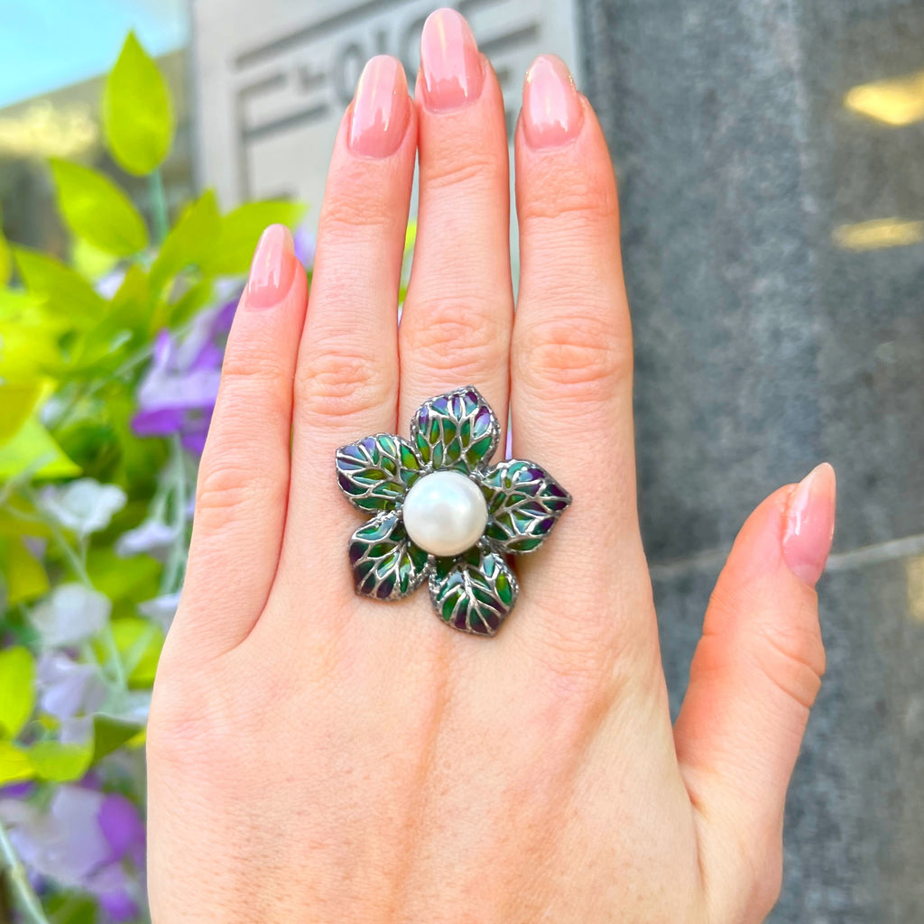 Pearl and Green/Purple Ombre Enamel Sterling Silver Ring | Size O