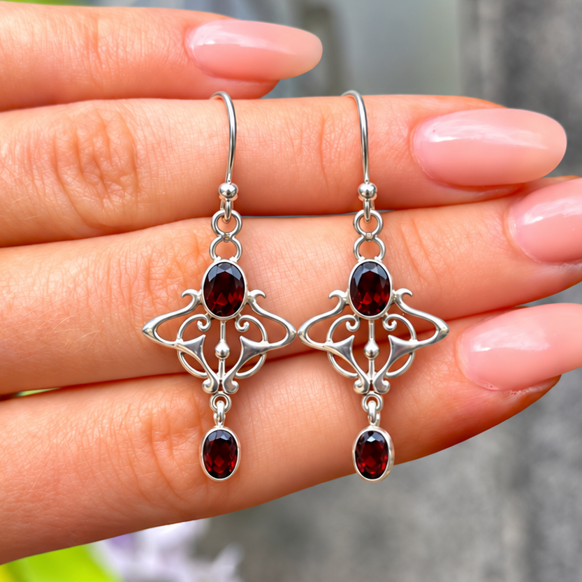 Garnet Sterling Silver Art Nouveau Inspired Drop Earrings