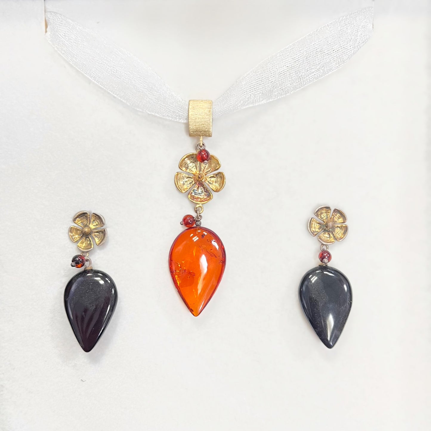 Amber Silver Gilt Necklace and Earring Set