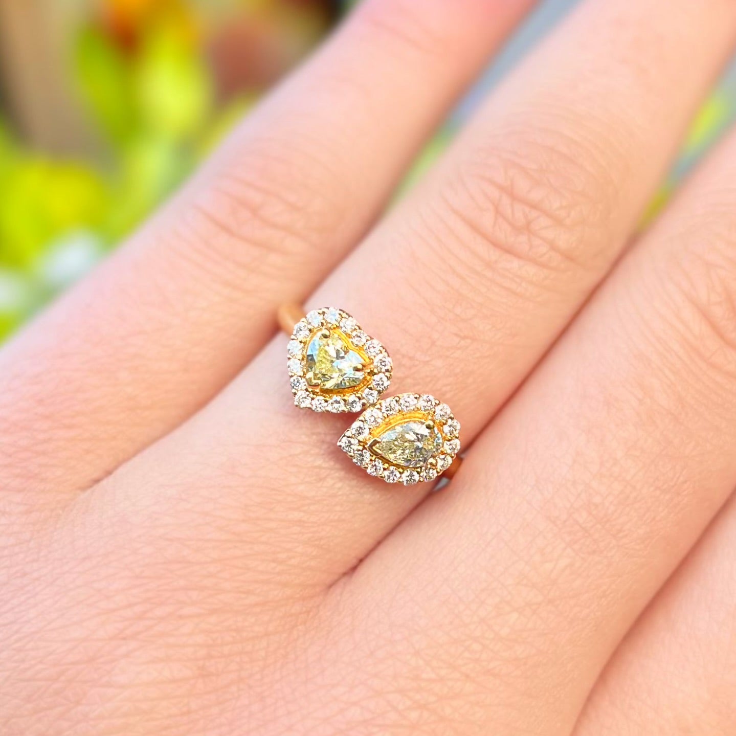 'The Lovers' Ring - 18ct Yellow Gold Toi et Moi Ring with Heart and Pear-Shaped Natural Yellow Diamonds Size M 1/2