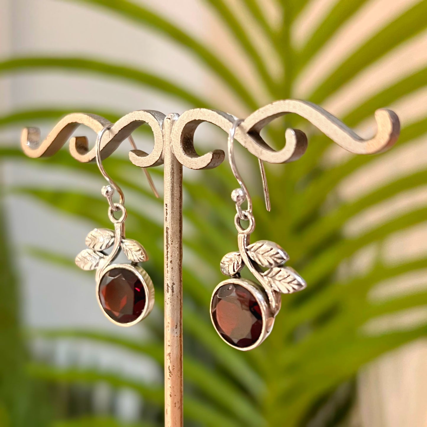 Sterling Silver Nature-Inspired Garnet Drop Earrings