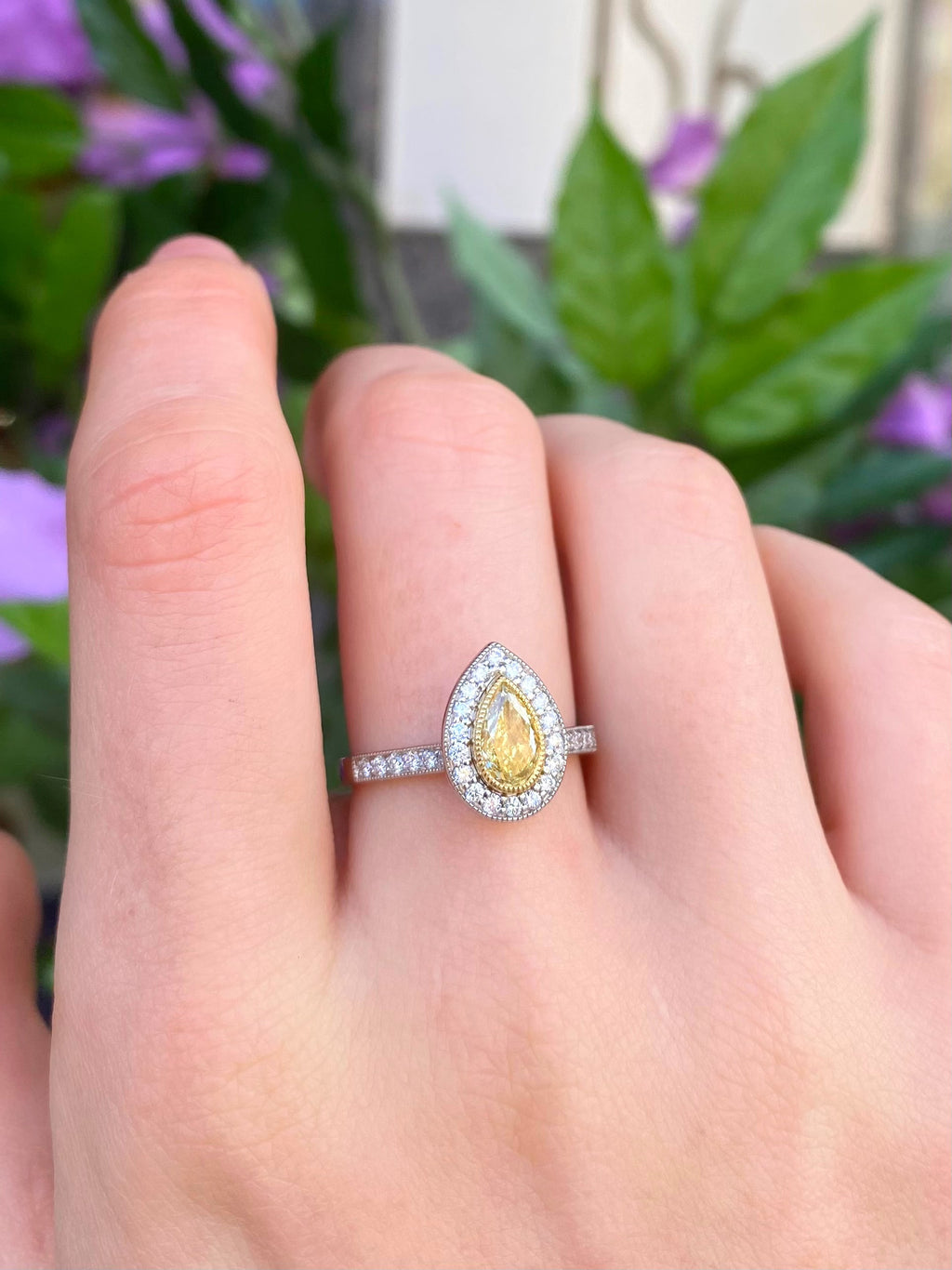 Rare Canary Lemon Yellow Diamond Pear Halo Platinum Ring | Size M