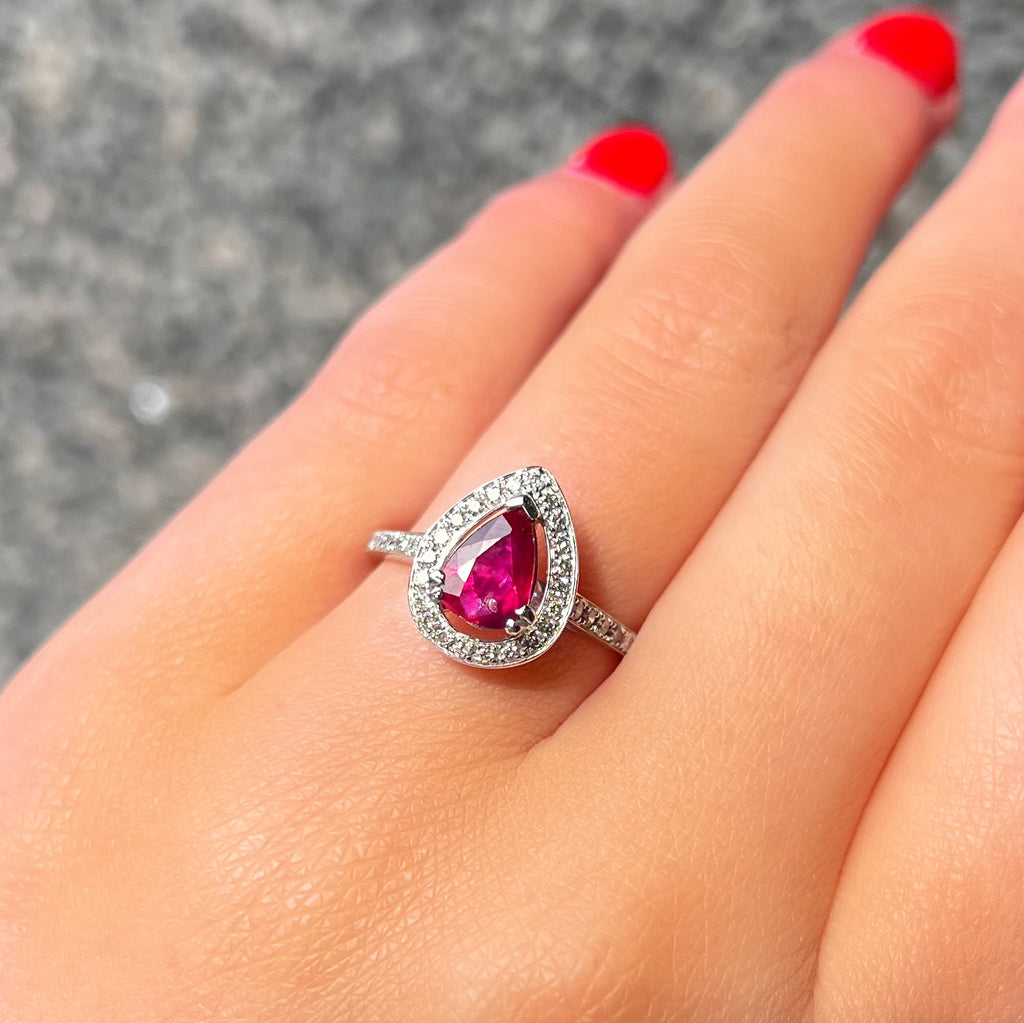 Ruby and Diamond Pear Shaped 18ct White Gold Ring | Size N