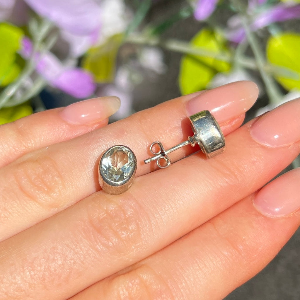 Sage Green Amethyst Sterling Silver Oval Stud Earrings