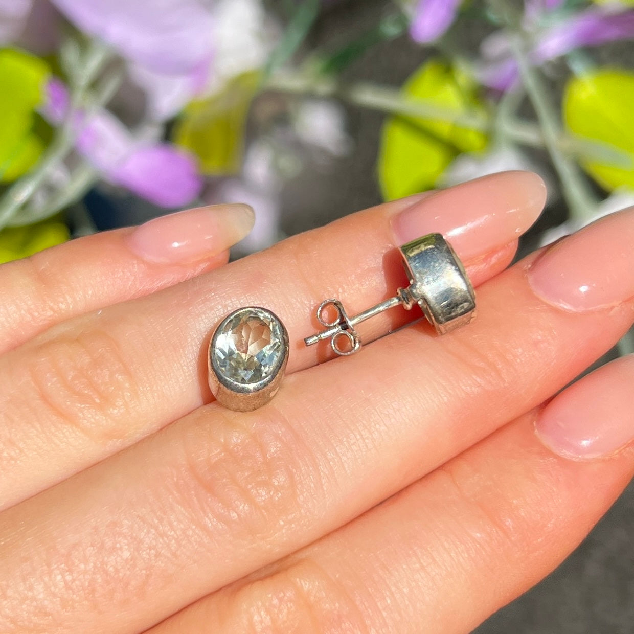 Sage Green Amethyst Sterling Silver Oval Stud Earrings