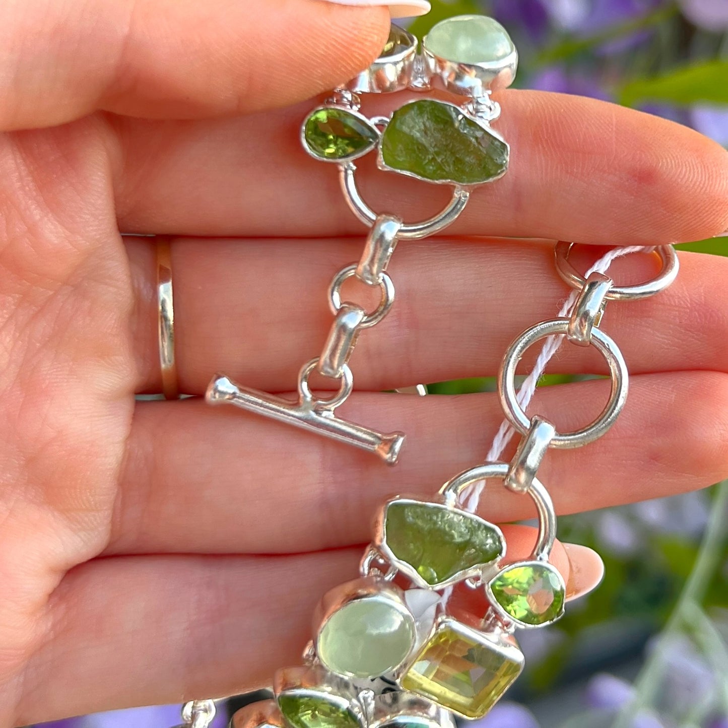 Chunky Bohemian Green Amethyst, Kyanite, Prehnite, Peridot, Turquoise & Lemon Topaz Sterling Silver Bracelet