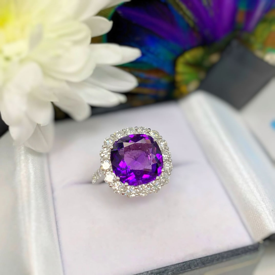 'Elizabeth' Ring - Spectacular 18ct White Gold Amethyst and Diamond Statement Dress Ring – Size N 1/2