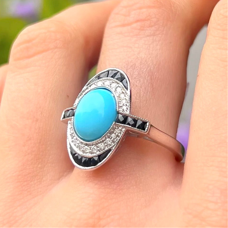 Turquoise, Onyx and Diamond 18ct Yellow Gold Ring | Size O