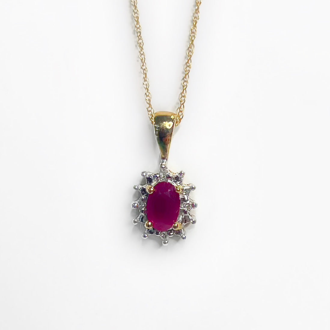 Vintage 9ct Yellow Gold, Ruby and Diamond Cluster Necklace