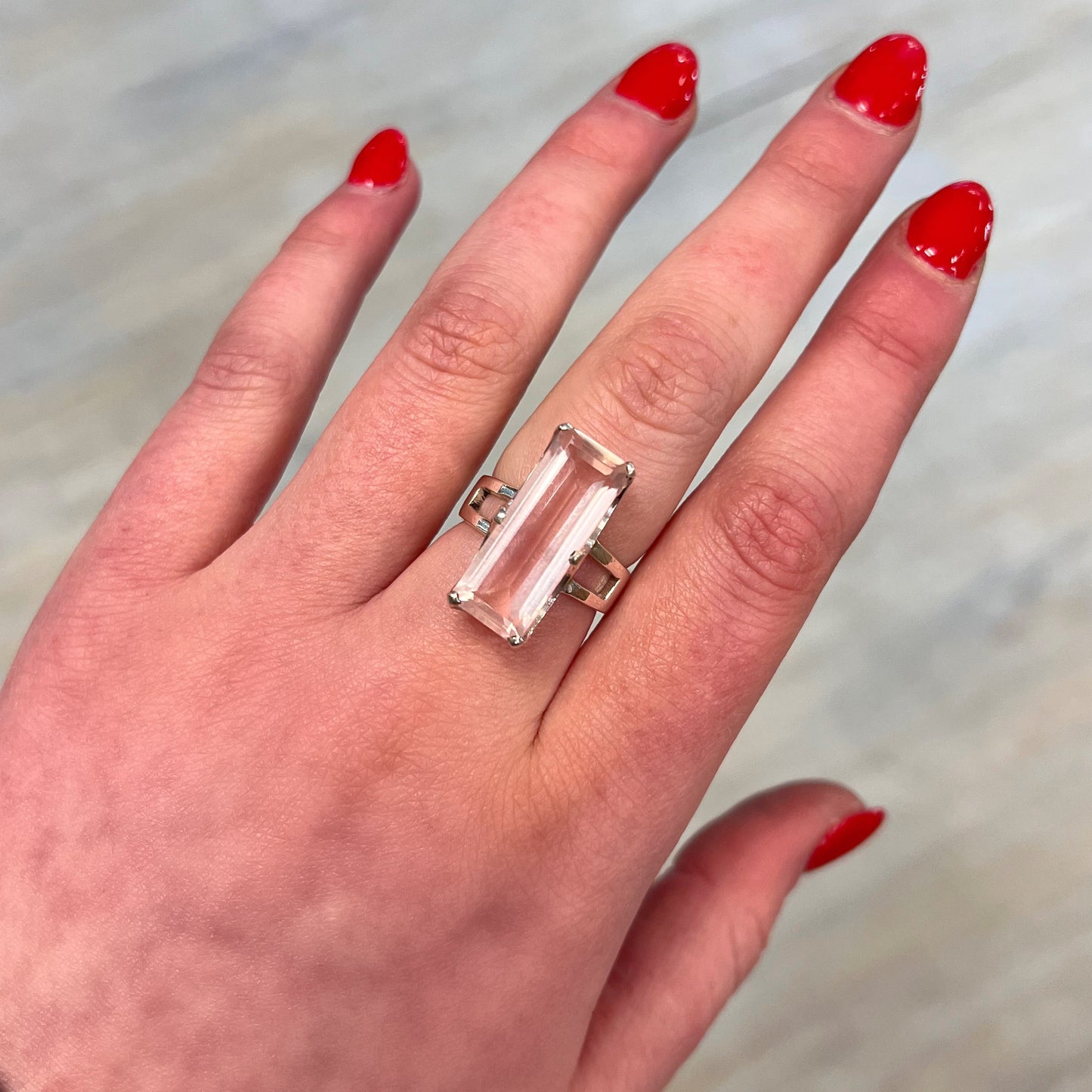 Pink Rose Quartz Baguette Cut Sterling Silver Ring - Size Q