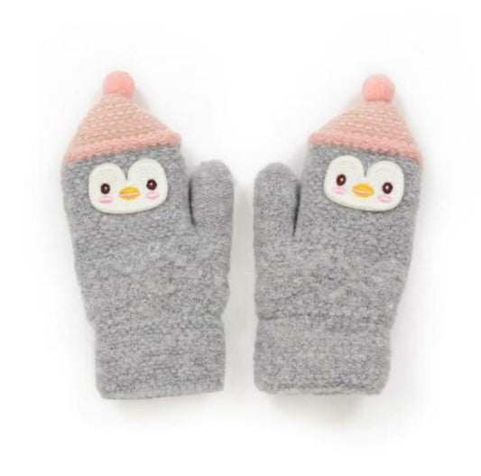 ‘Powder Accessories’ Kids Cosy Fux Fur Lined Penguin Knitted Mittens - Grey