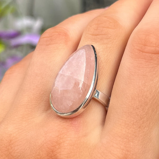 Sterling Silver Pear Cut Pink Rose Quartz Ring - Adjustable Size