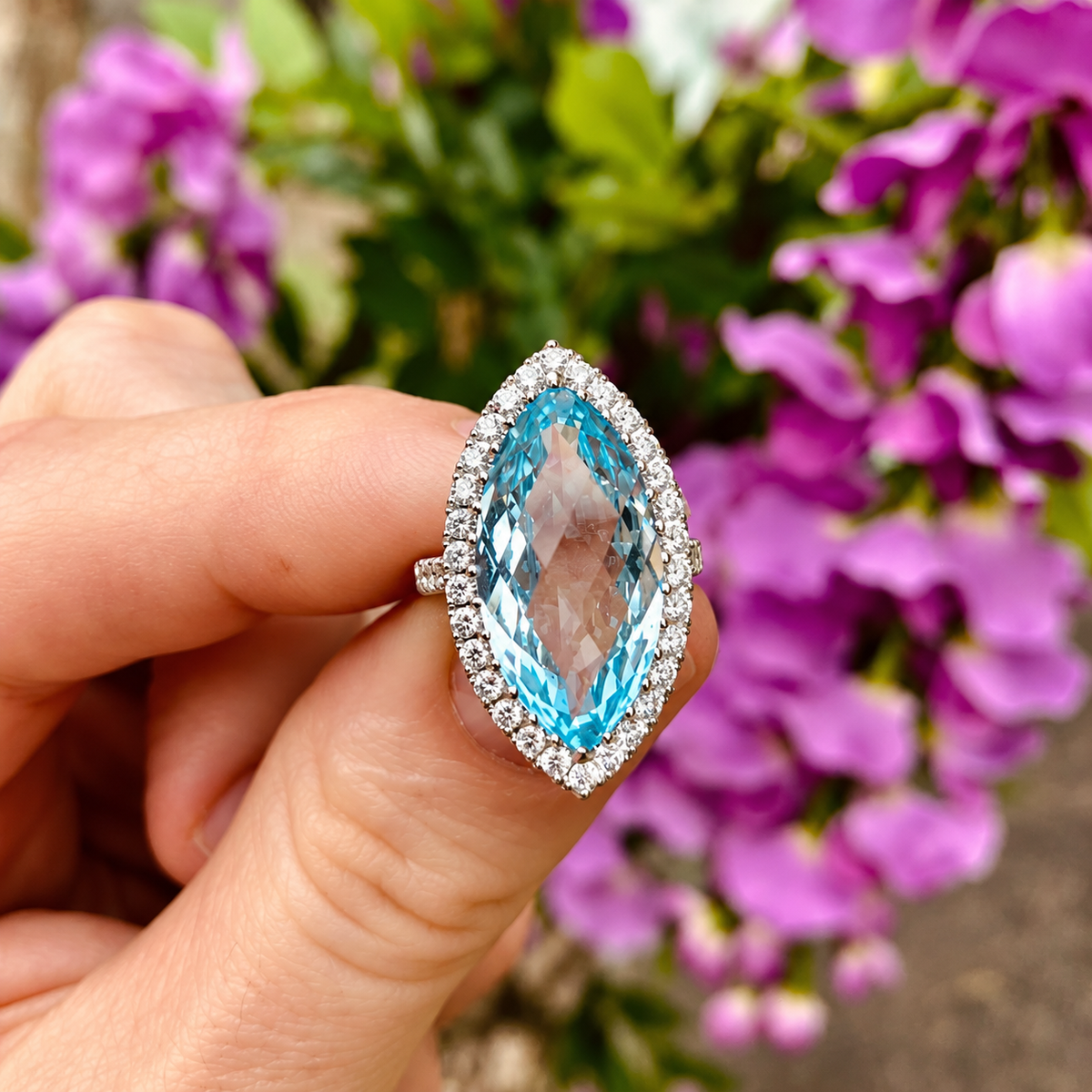 Marquise Cut Blue Topaz & Diamond 18ct White Gold Cocktail Ring | Size M