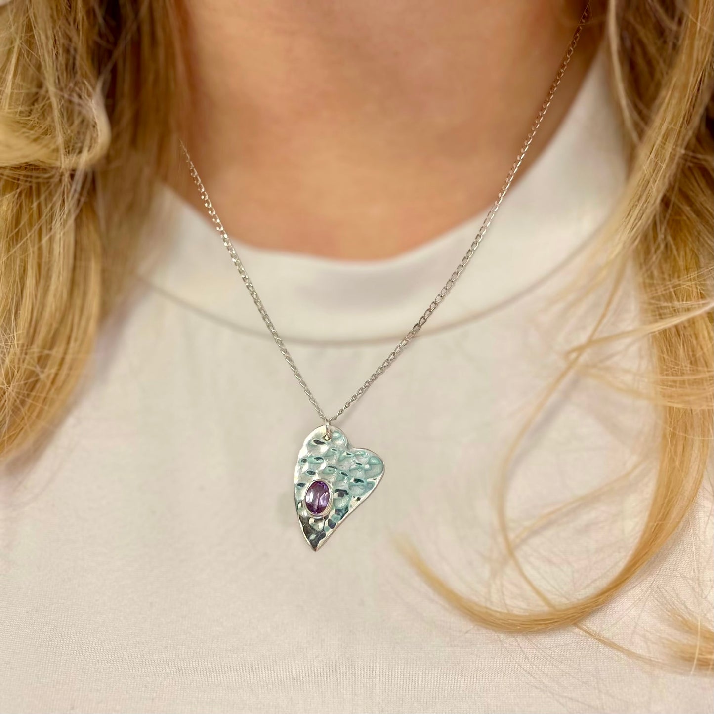 Sterling Silver Amethyst Hammered Heart Necklace