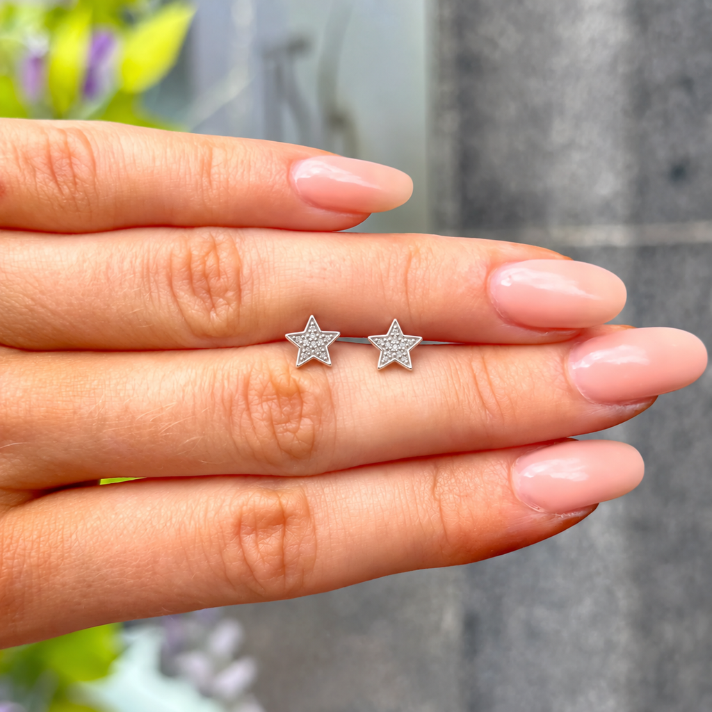 Cubic Zirconia Sterling Silver Star Stud Earrings