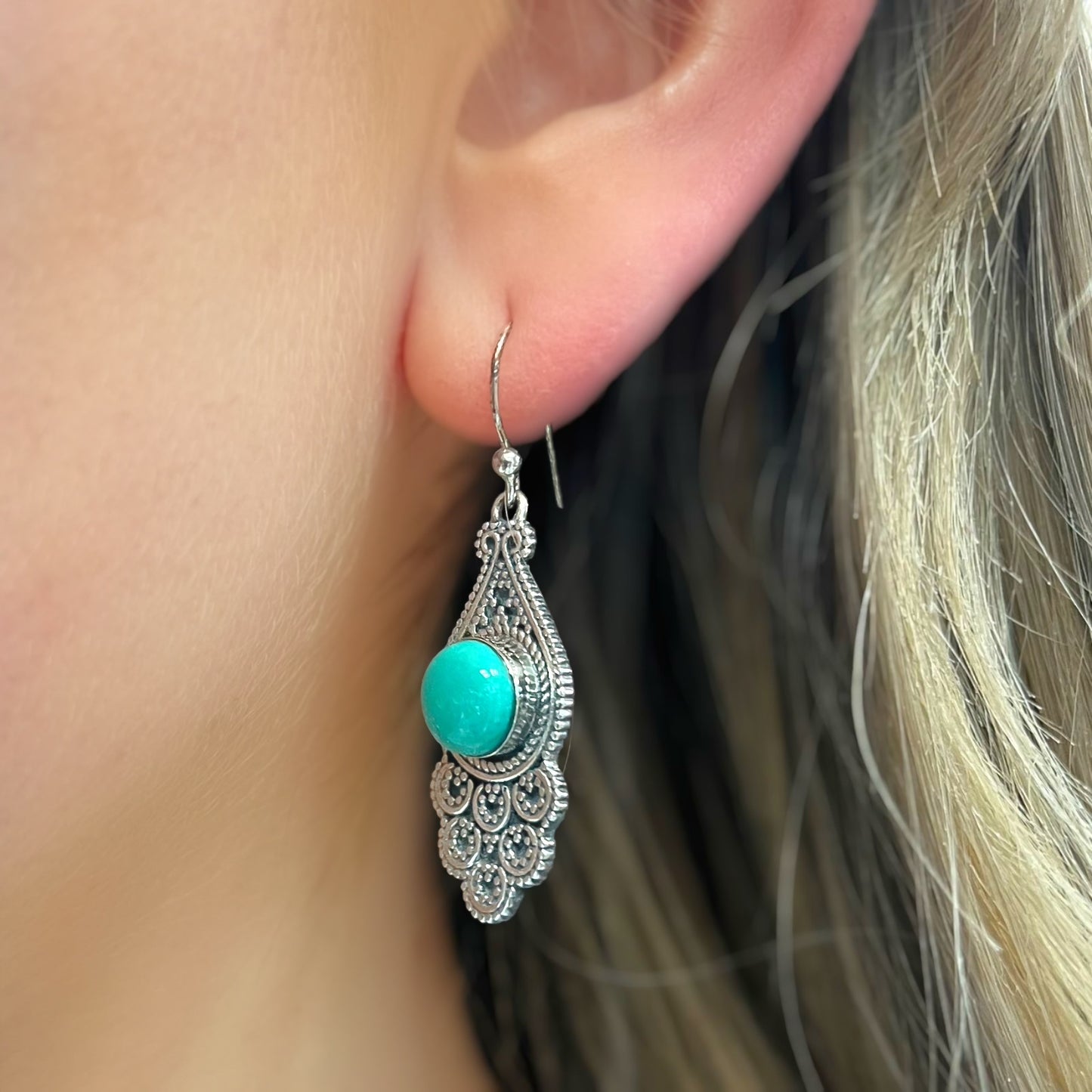 Bohemian Inspired Detailed Sterling Silver Turquoise Drop Earrings