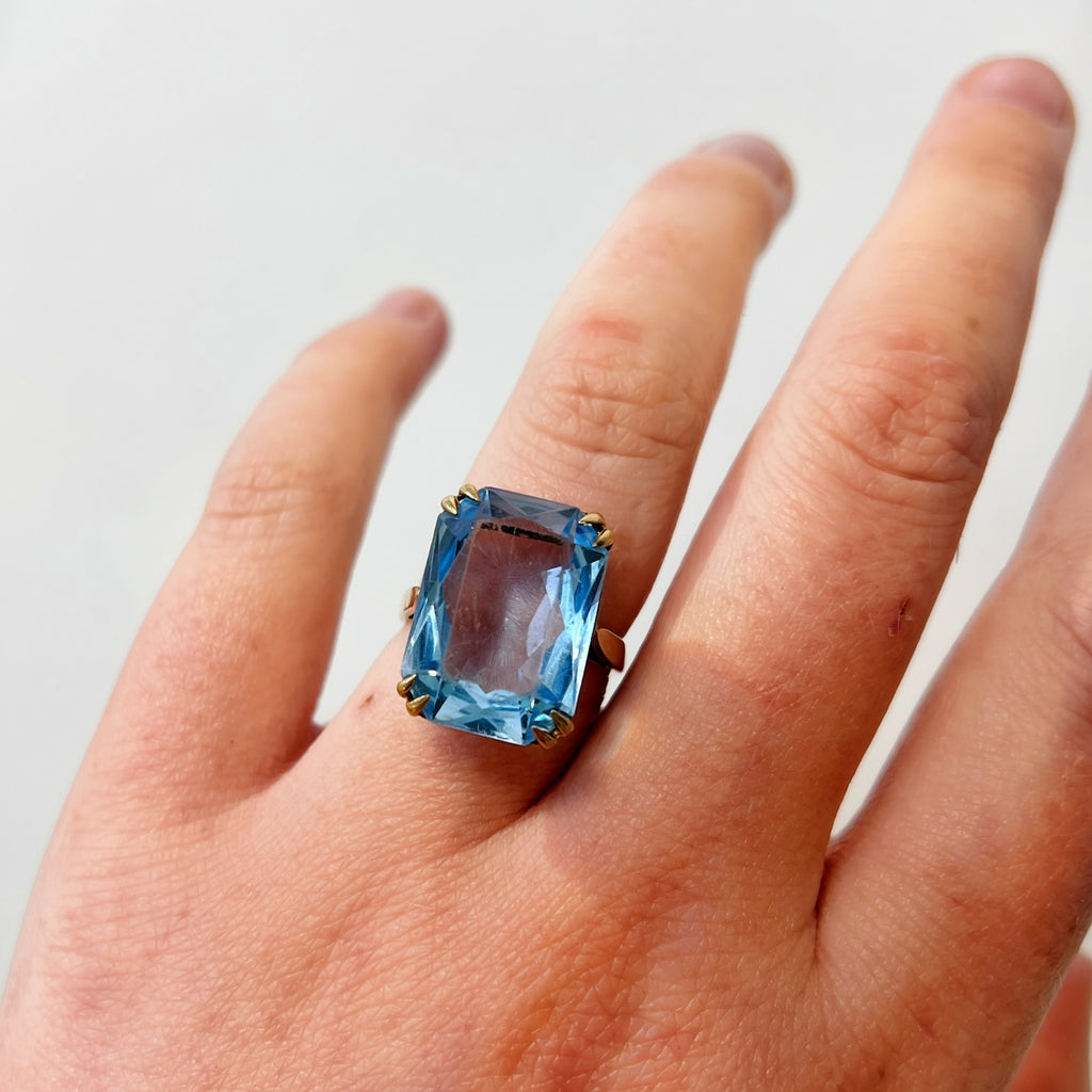 Vintage Blue Glass 9ct Yellow Gold Cocktail Ring | Size L