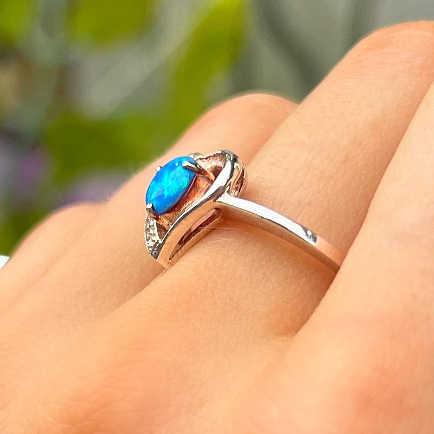 Sterling Silver Heart Design Blue Opal & Cubic Zirconia Ring - Size O