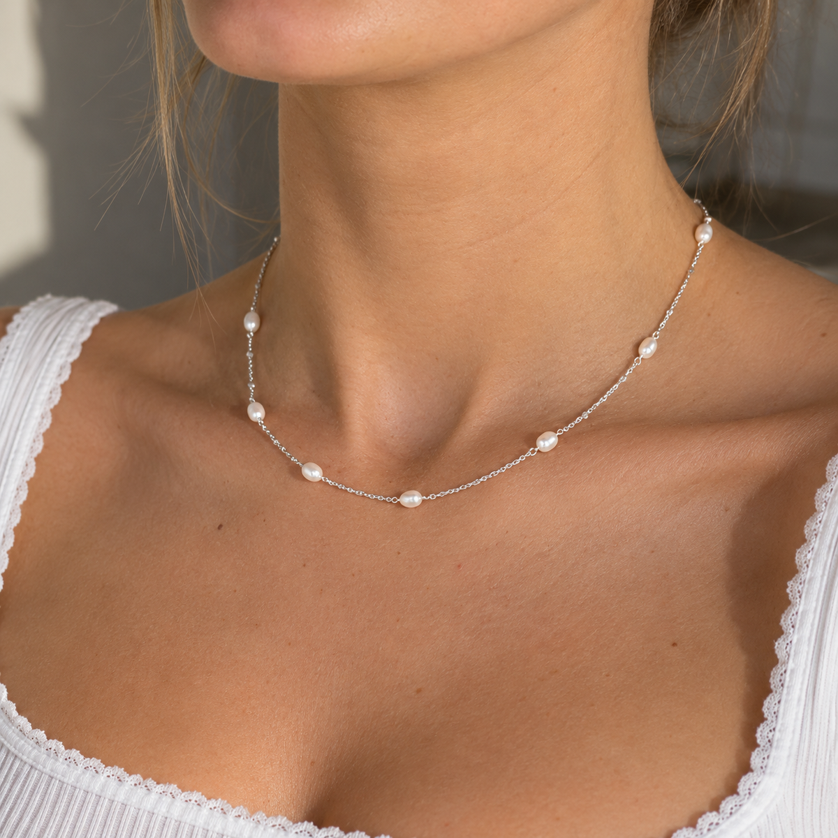 Pearl Sterling Silver Layering Dainty Station Necklace