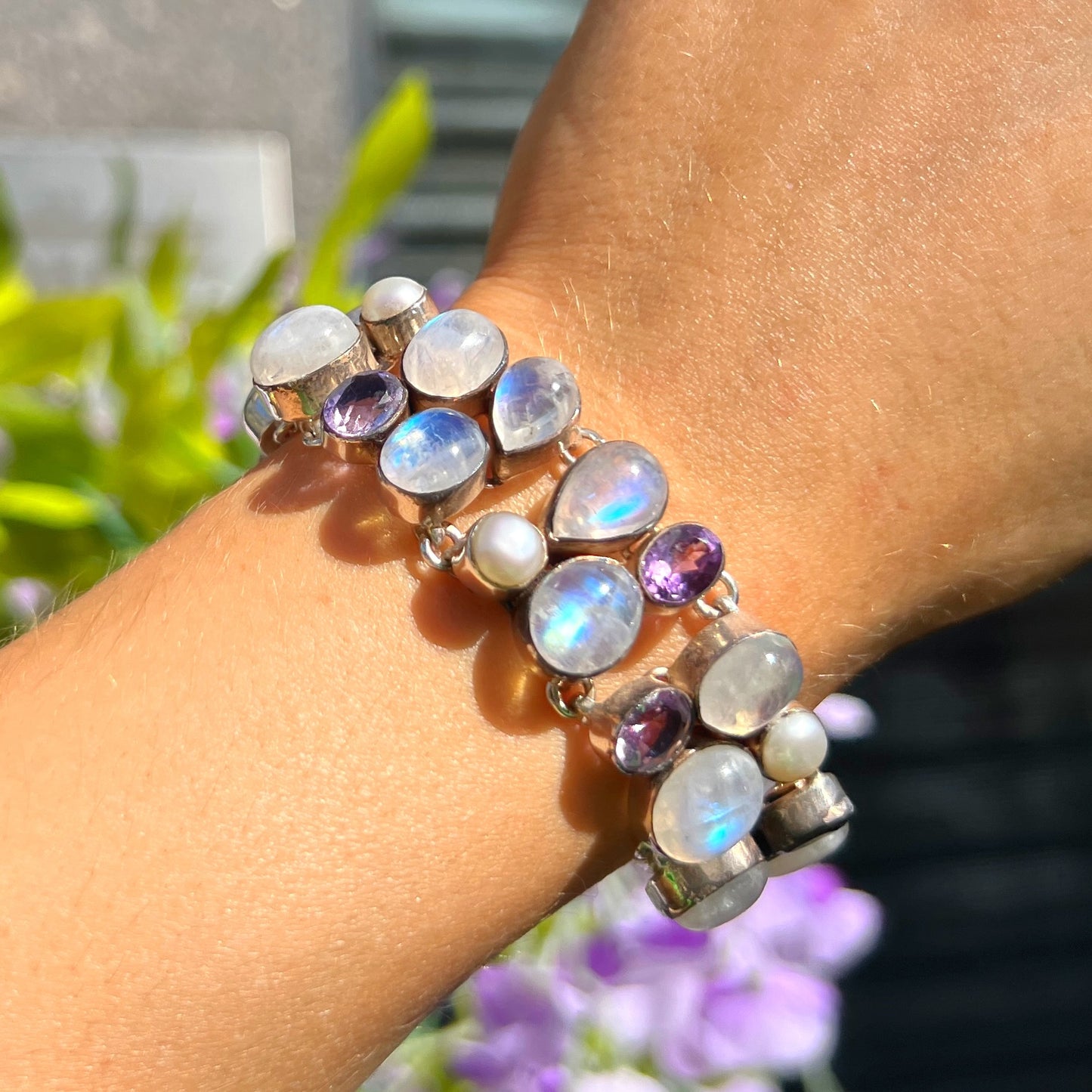 Rainbow Moonstone, Aquamarine & Pearl Sterling Silver Bracelet