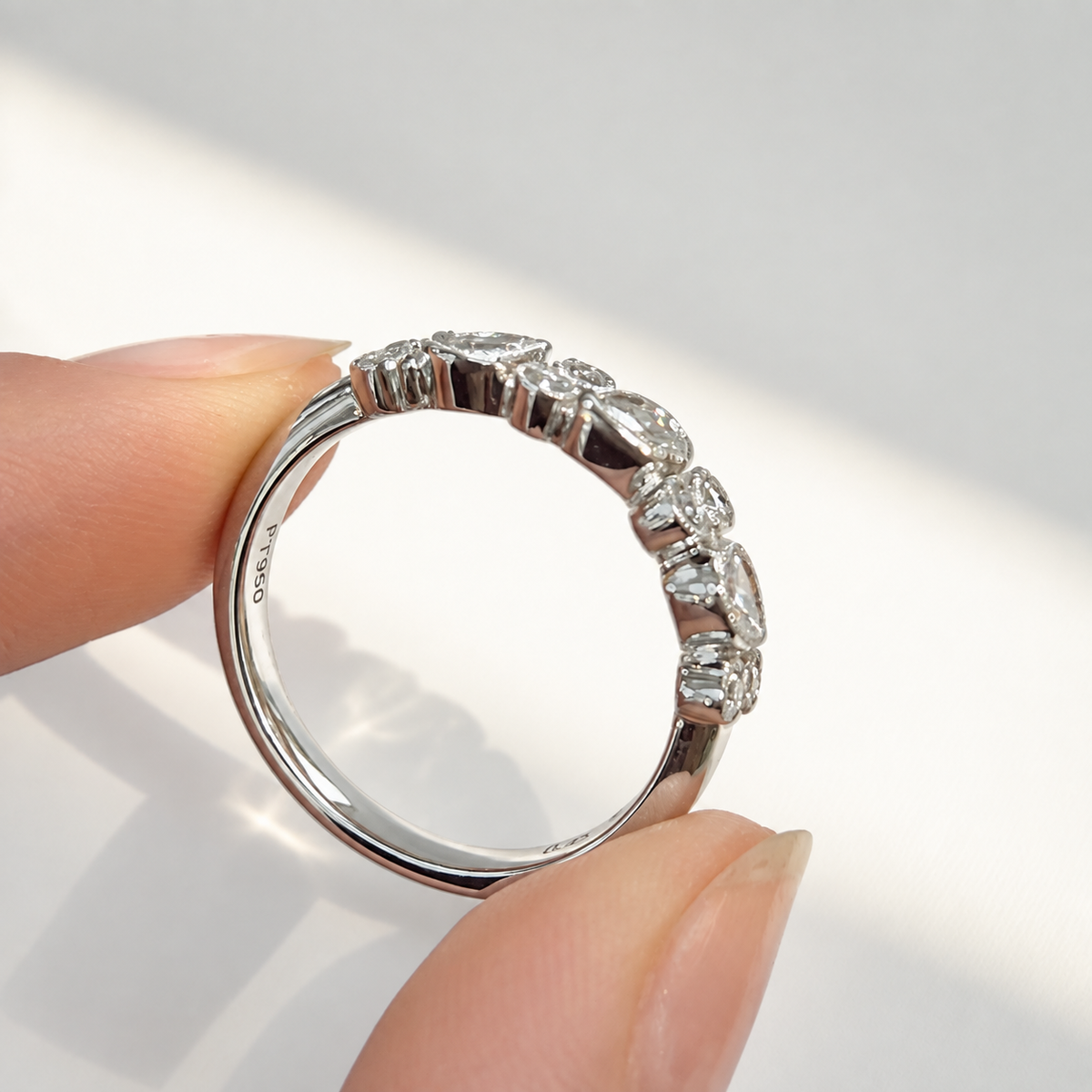 Platinum Pear and Round Natural Diamond Multi-Stone Bubble Ring | Size N