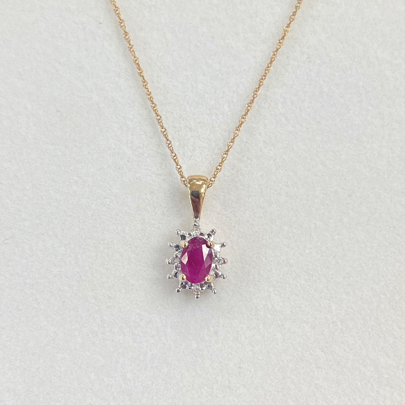 Vintage 9ct Yellow Gold, Ruby and Diamond Cluster Necklace