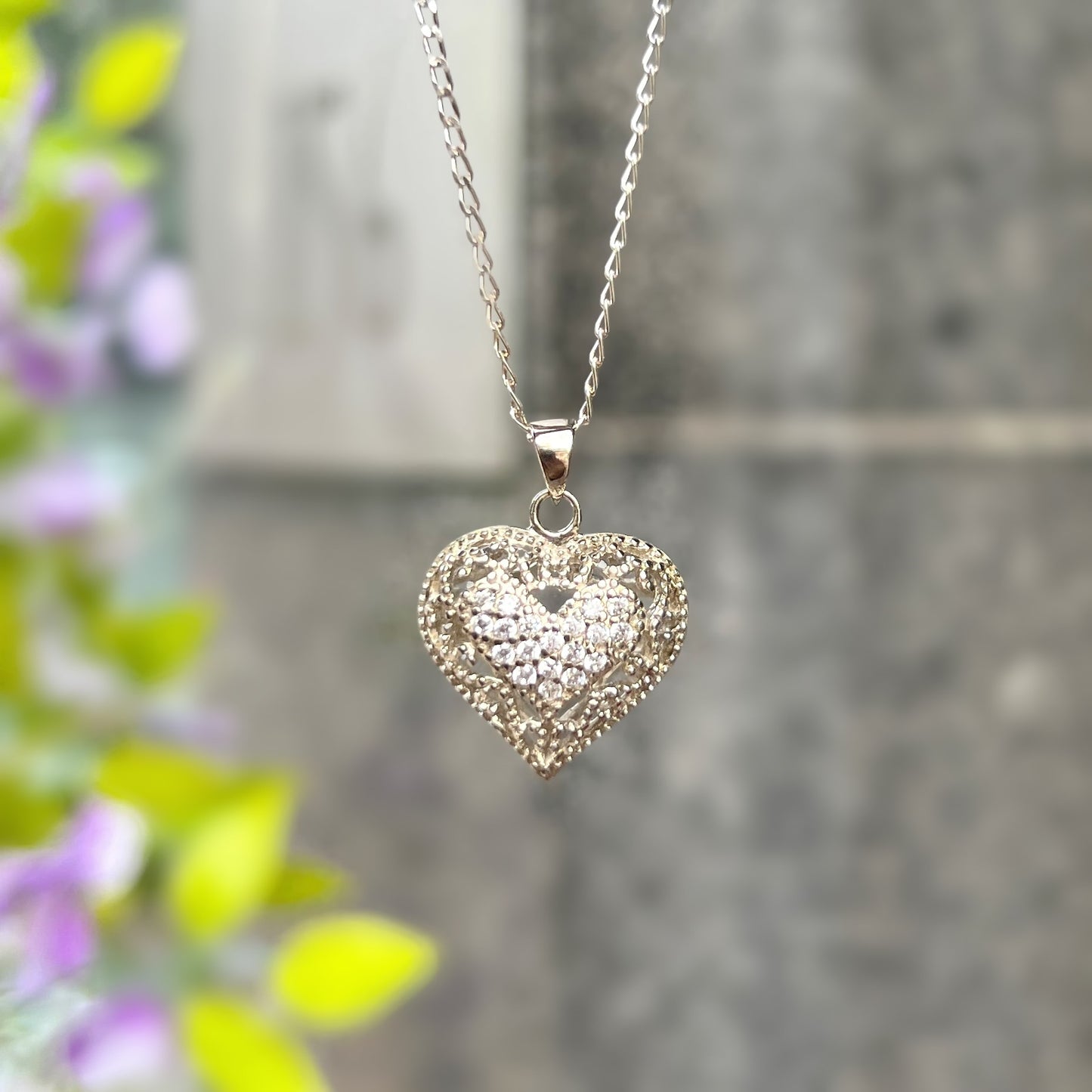 Sterling Silver Cubic 3D Heart Filigree Necklace