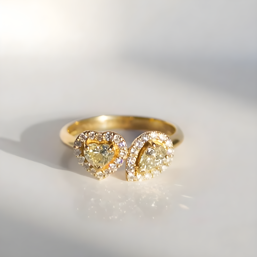 'The Lovers' Natural Yellow Diamond 18ct Yellow Gold Heart & Pear Cut Toi et Moi Ring | Size M ½